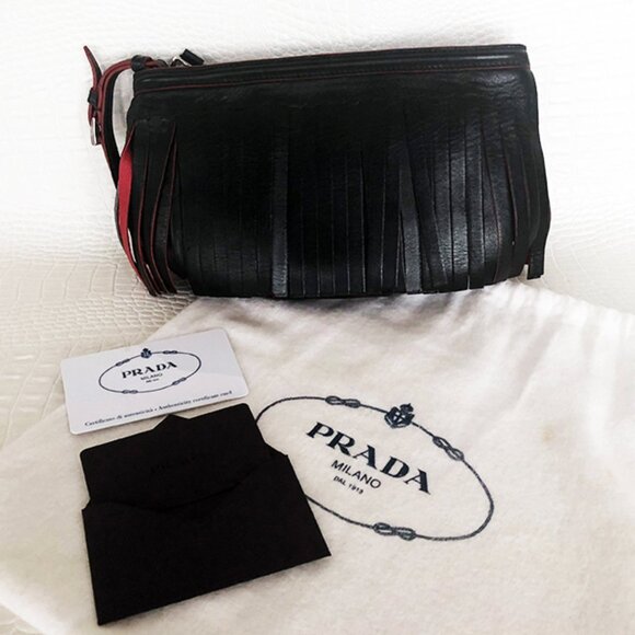 RARE, AUTHENTIC Black & Red Prada Fringe Leather Wristlet NWT - Picture 2 of 9